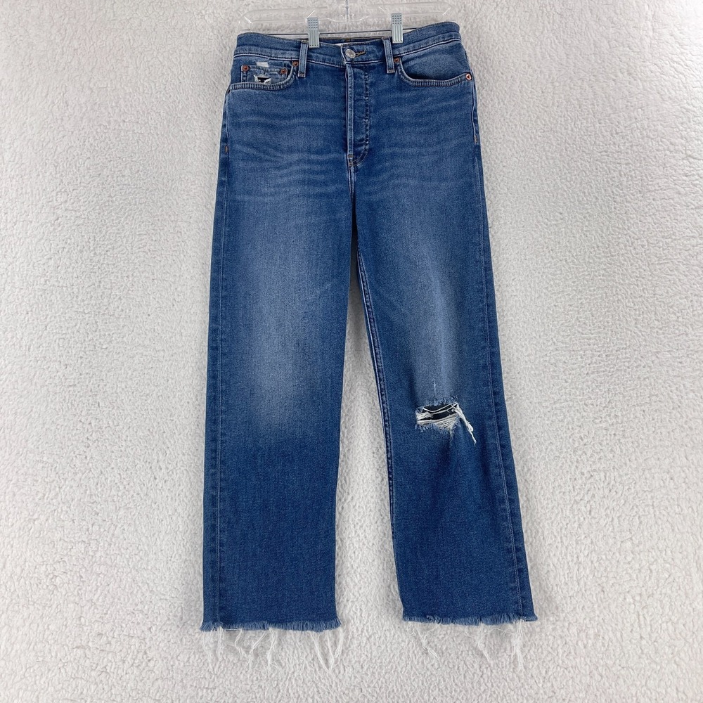 Re/Done Blue Denim 70s Stovepipe Jeans Womens Straight Leg Frayed Hem Size 28
